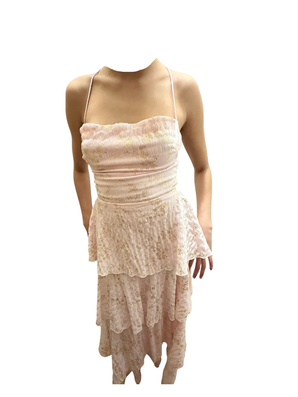 Lucy in the Sky Blush Metallic Floral Tiered Lace Up Back Maxi Dress Small - Picture 4 of 10
